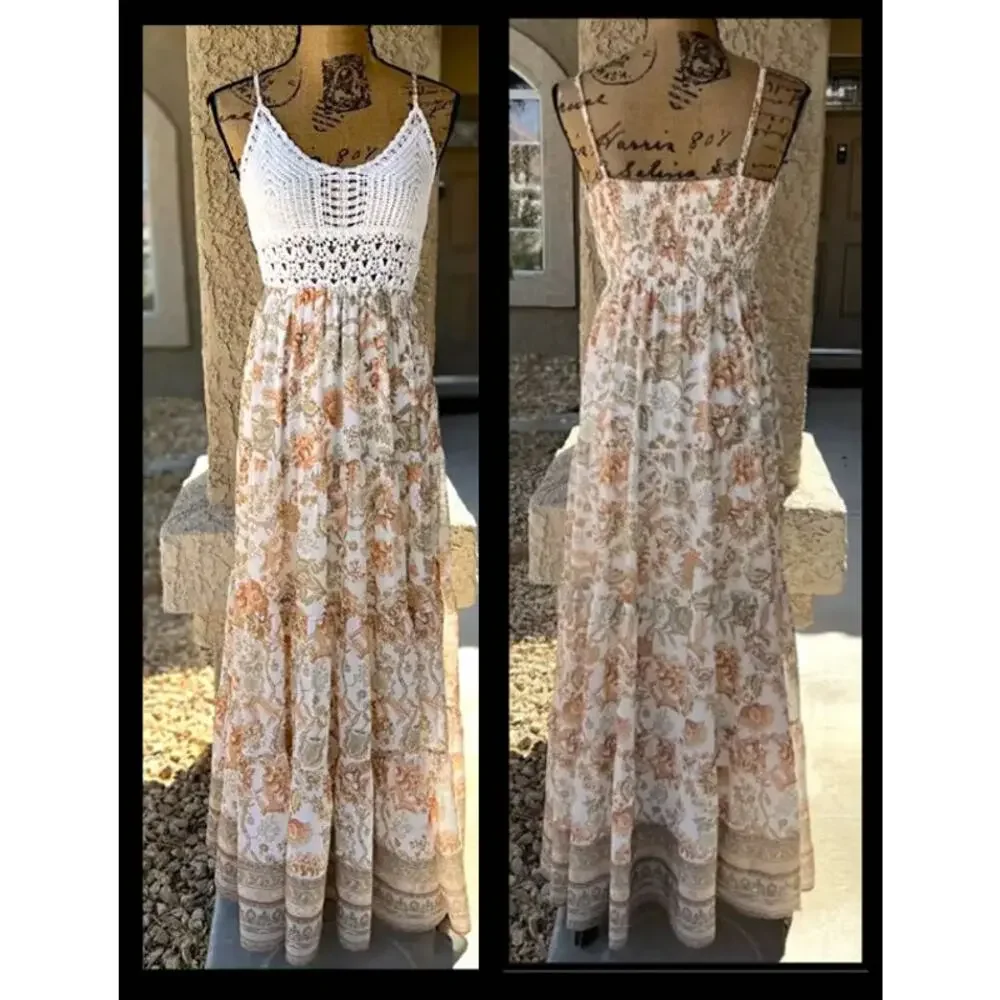 Flying Tomato Crochet Top Detail Floral Print Combo Maxi Dress Size M - Picture 11 of 13